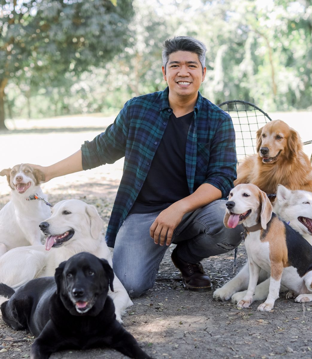 Coach Francis with a pack of calm, off-leash dogs at The Dog Ranch